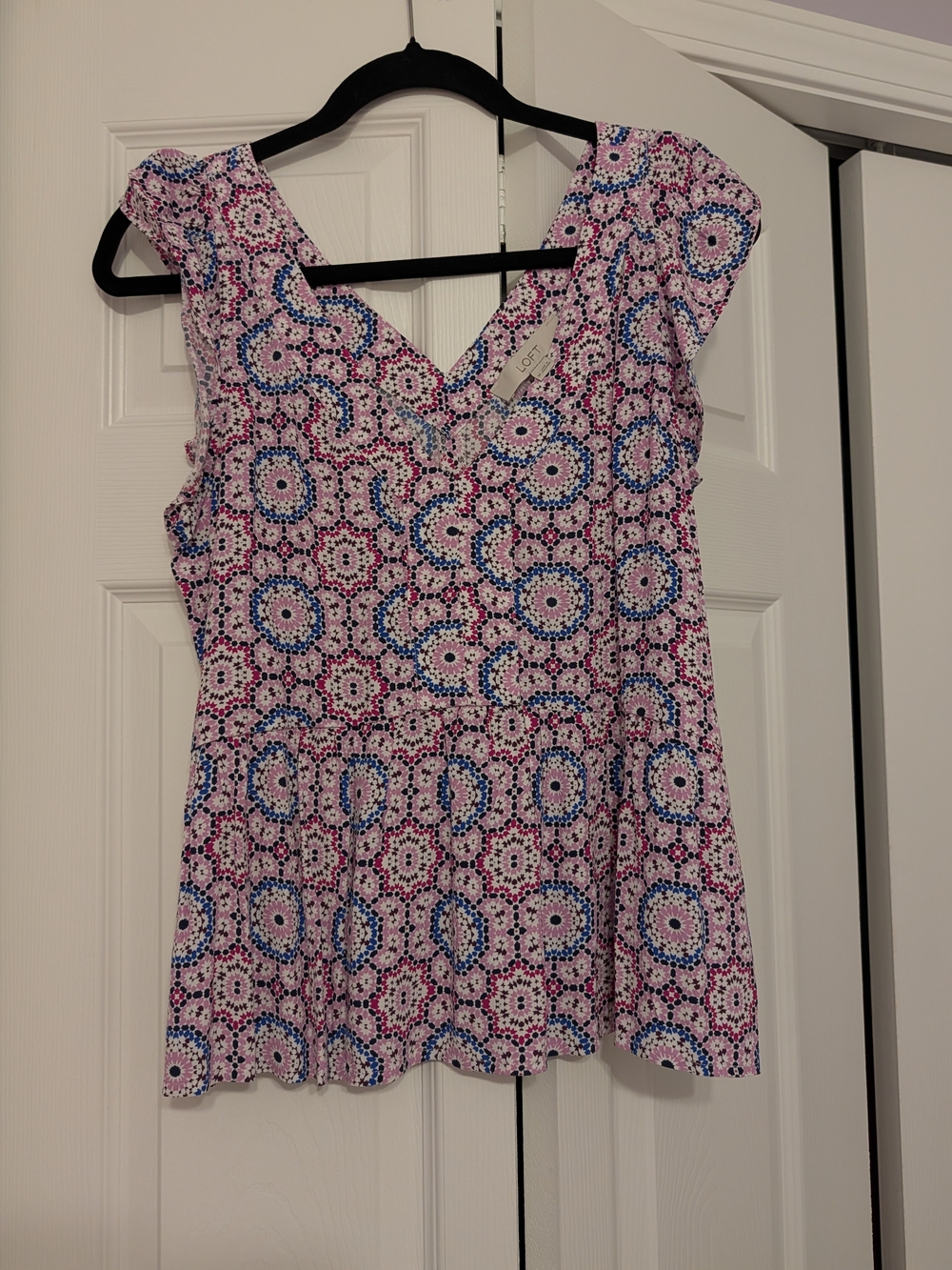 LOFT Pink and Blue Floral Cap Sleeve Peplum Top